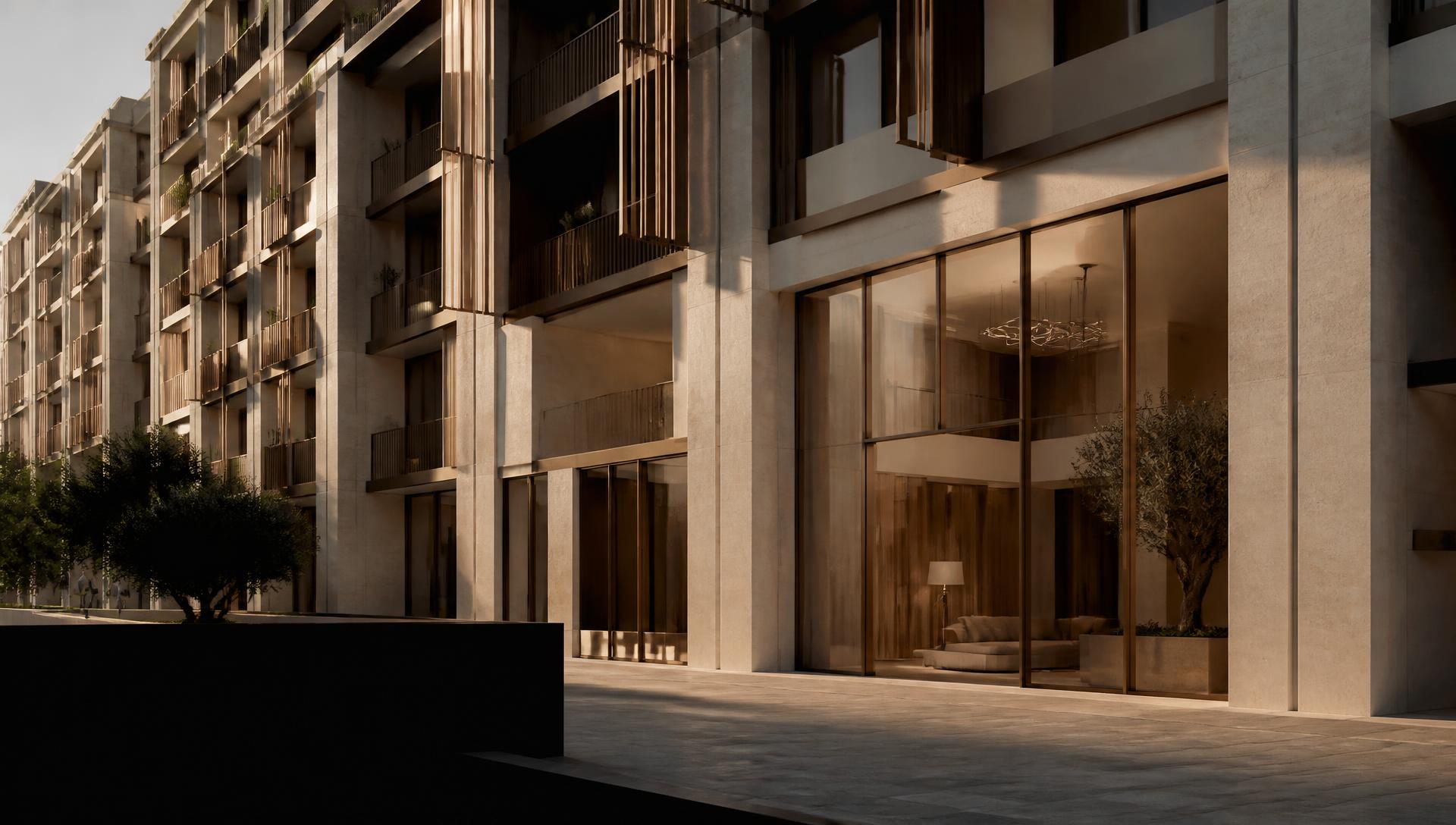 Contemporary mixed-use development in soft natural light with a carefully detailed interior and natural materials